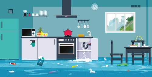 Eine Überschwemmung in der Küche ist illustriert dargestellt.