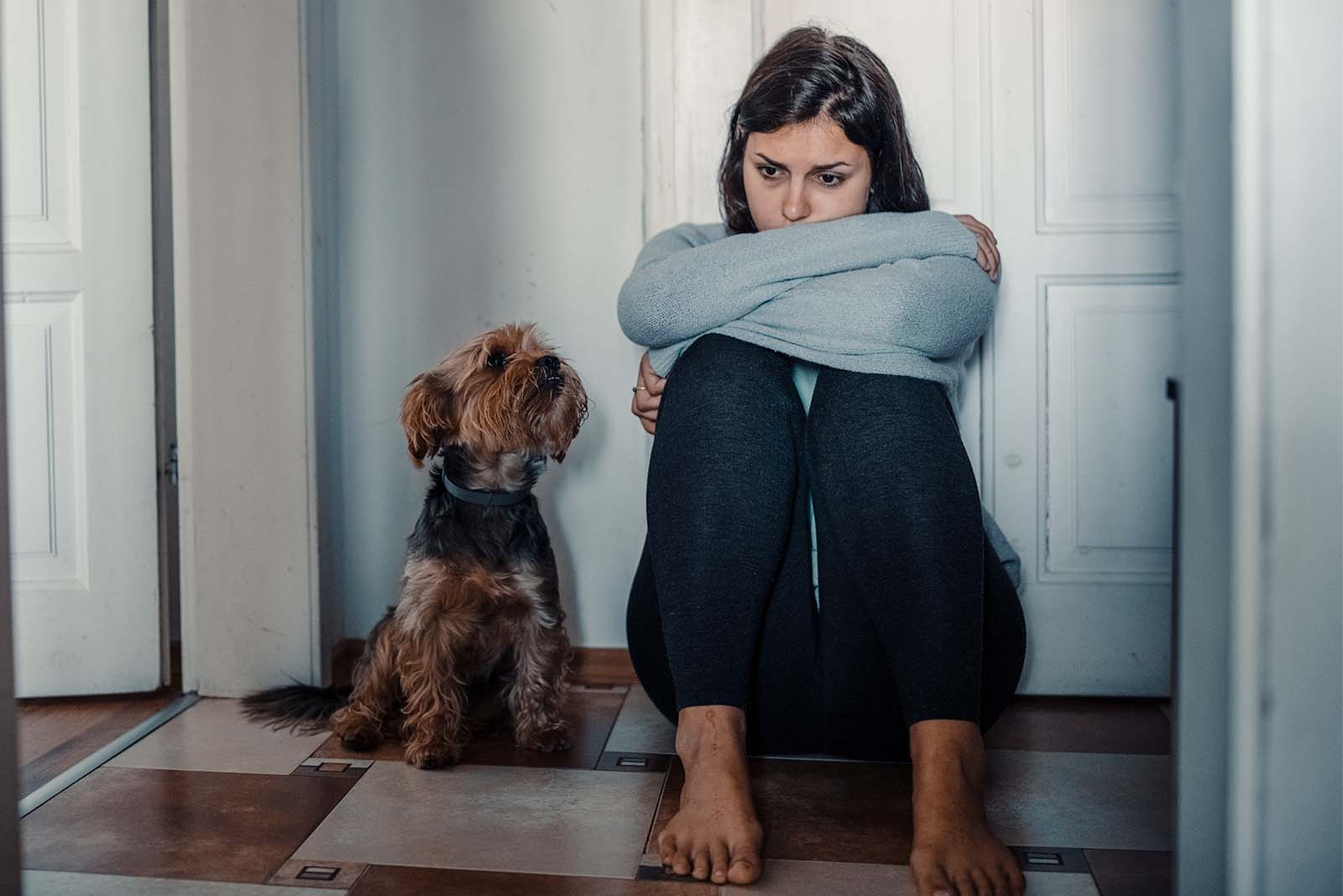 Hund neben Frau, am Boden hockend