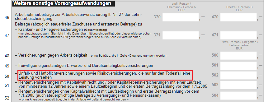 Das Bild zeigt Zeile 50 der Anlage Vorsorgeaufwand in der Steuererklärung.