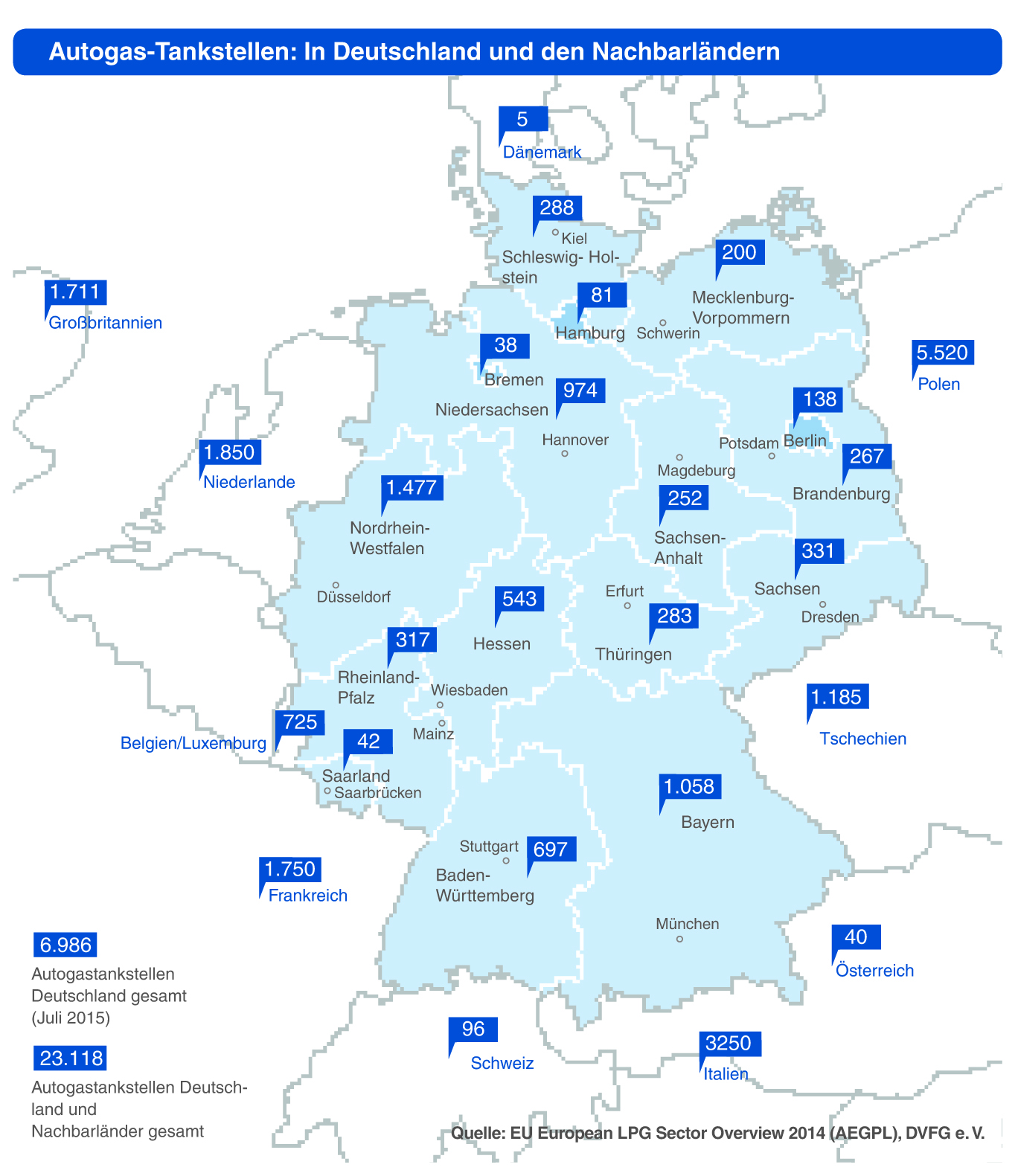 In einer Deutschlandkarte sind alle Autogastankstellen eingezeichnet.