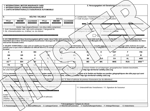 Angaben auf der internationalen Versicherungskarte