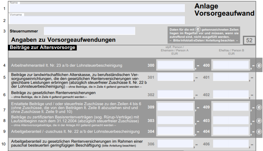 Altersvorsorge von der Steuer absetzen Die Anlage Vorsorgeaufwand, in der die Altersvorsorge in der Steuererklärung eingetragen wird.