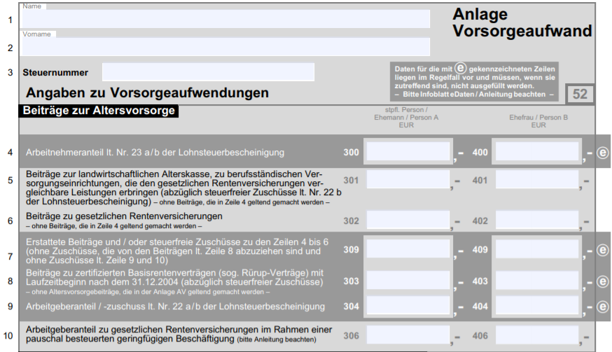 Die Anlage Vorsorgeaufwand, in der die Altersvorsorge in der Steuererklärung eingetragen wird.