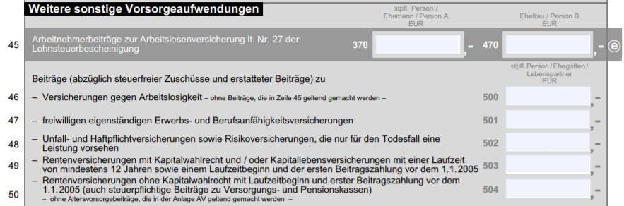 Wo muss man die Versicherungen in der Steuererklärung angeben? Die Anlage „weitere sonstige Vorsorgeaufwendungen“ zum Eintragen der Versicherungen in der Steuererklärung.