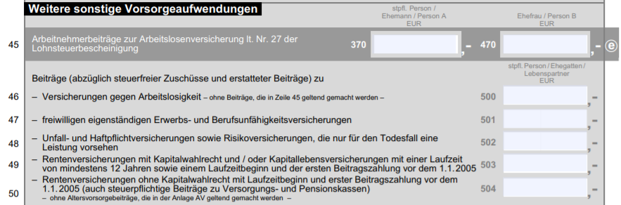 Die Anlage „weitere sonstige Vorsorgeaufwendungen“ zum Eintragen der Versicherungen in der Steuererklärung.