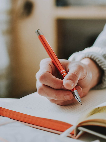 Eine Hand, die einen Stift hält und im Buch schreibt