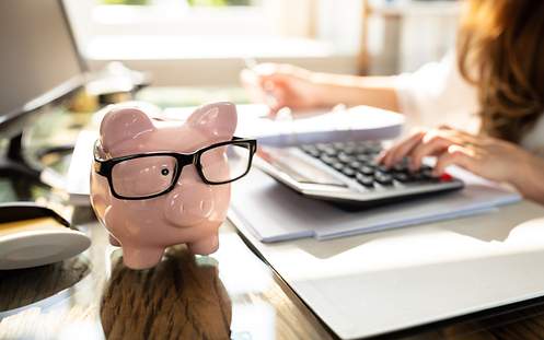 Versicherungen im Vergleich Sparschwein mit Brille steht auf einem Tisch, eine Frau berechnet, wie viel man mit einer günstigen Versicherung sparen kann.