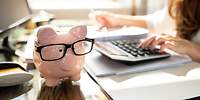 Sparschwein mit Brille steht auf einem Tisch, eine Frau berechnet, wie viel man mit einer günstigen Versicherung sparen kann.