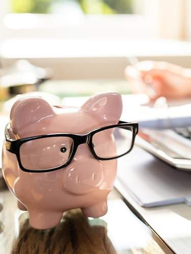 Sparschwein mit Brille steht auf einem Tisch, eine Frau berechnet, wie viel man mit einer günstigen Versicherung sparen kann.