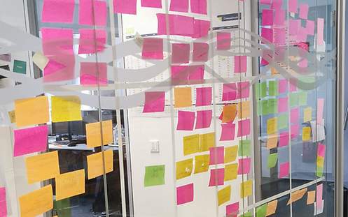 Eine Glaswand voll mit Post-it-Notes.