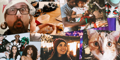 Weihnachtliche Bilder von Menschen und einer Katze