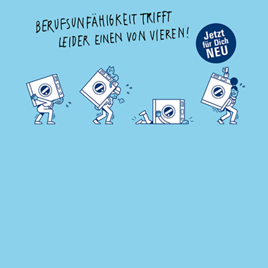 Vier gezeichnete Figuren, die jeweils eine Waschmaschine tragen