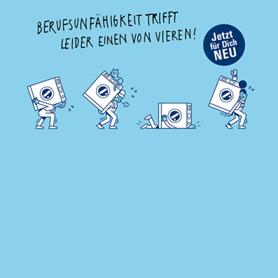 Vier gezeichnete Figuren, die jeweils eine Waschmaschine tragen