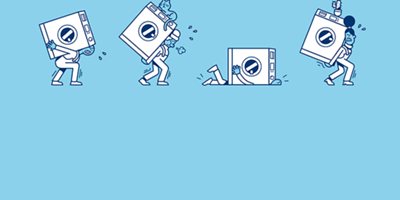 Vier gezeichnete Figuren, die jeweils eine Waschmaschine tragen