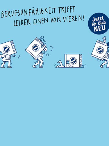 Vier gezeichnete Figuren, die jeweils eine Waschmaschine tragen